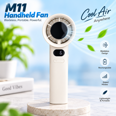 M11 Handheld Bladeless Mini Fan (Model: NL-619) – 1200mAh Rechargeable Portable Pocket Fan with 5-Speed Intelligent Digital Frequency Conversion & Type-C Charging